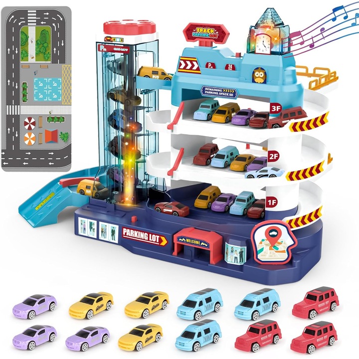 Tobogan de parc, set garaj cu 12 masinute, lift electric, multicolor, pentru copii 3-5 ani