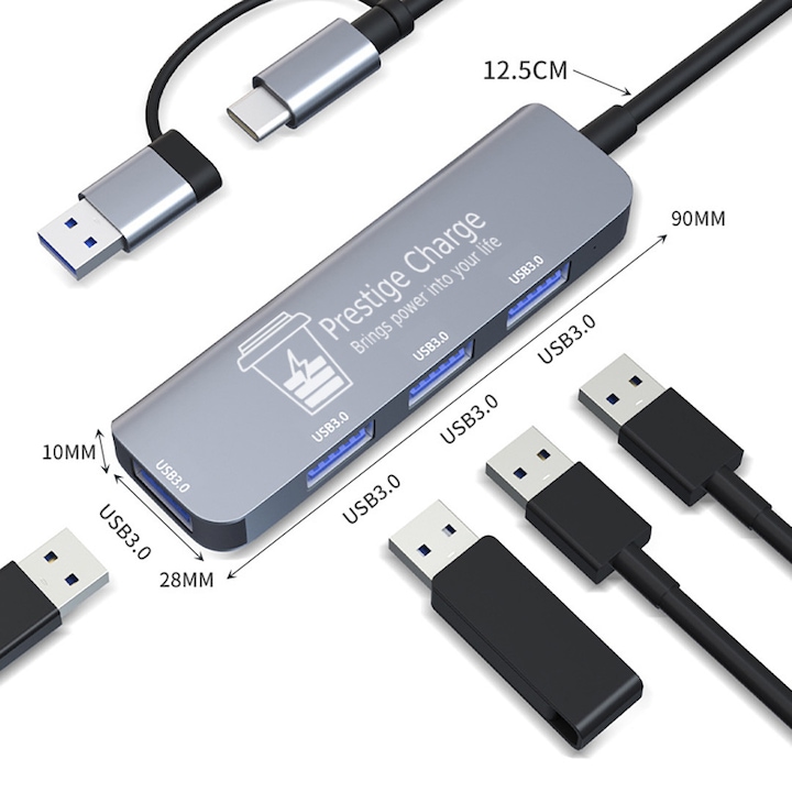 Hub USB 4 in 2 Premium, PRESTIGE CHARGE®, cu 4 Porturi High Speed, Carcasa Aluminiu, Splitter Multiport Compatibil Laptop, PC, Consola, Smart TV, Windows, Mac, Linux, Chrome OS, IOS, Android, Transfer Date Rapid 5Gbps, Compact si Robust, Plug & Play