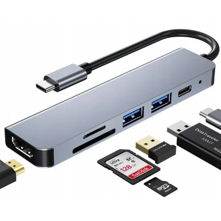 Usb Hub 6 az 1-ben, 1 HDMI, 1 USB 2.0, 1 USB 3.0, 1 USB C, SD/TF kártyaolvasó, usb c csatlakozás, Dactylion®