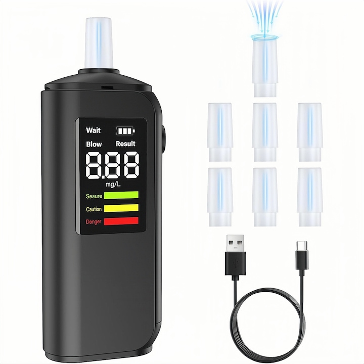 Etilotest portabil de inalta precizie, tester de alcool cu ​​incarcare tip C, moduri duble, cu afisaj pe ecran si 8 duze