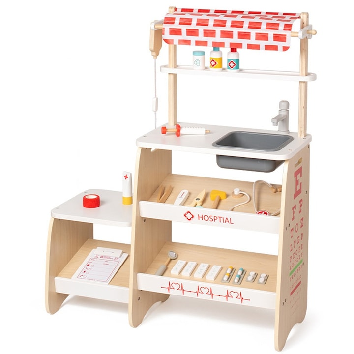Clinica medicala, set doctor pentru copii—60x23x77 cm, accesorii doctor stetoscop, seringi, medicamente jucarie, chiuveta detasabila — Joc de rol educativ, dezvoltare motorie si imaginatie 3+ ani