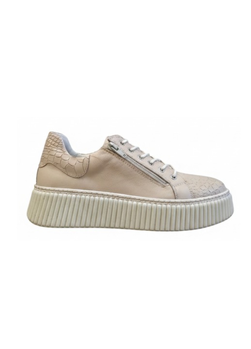 Sneakers dama, SandAli, piele naturala cu textura snake, talpa cusuta si fermoare laterale, bej nude