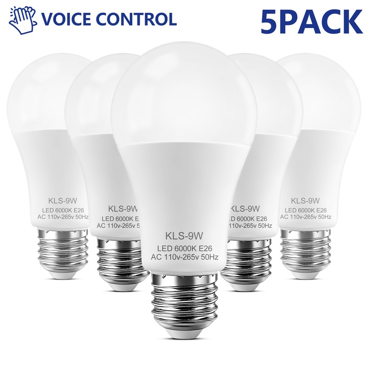 Set de 5 becuri LED cu activare vocala E26 9W 800 lumeni 6500K lumina alba rece, pornire/oprire automata prin senzori de sunet si lumina. Ideale pentru coridoare, scari, garaje si locuinte. Nu este necesar comutator