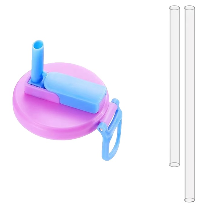 Капак против разливане за кенчета, Flippy, Модел с прозрачна сламка, За многократна употреба, от пластмаса, с дръжка за носене, 5.4 см, Розов