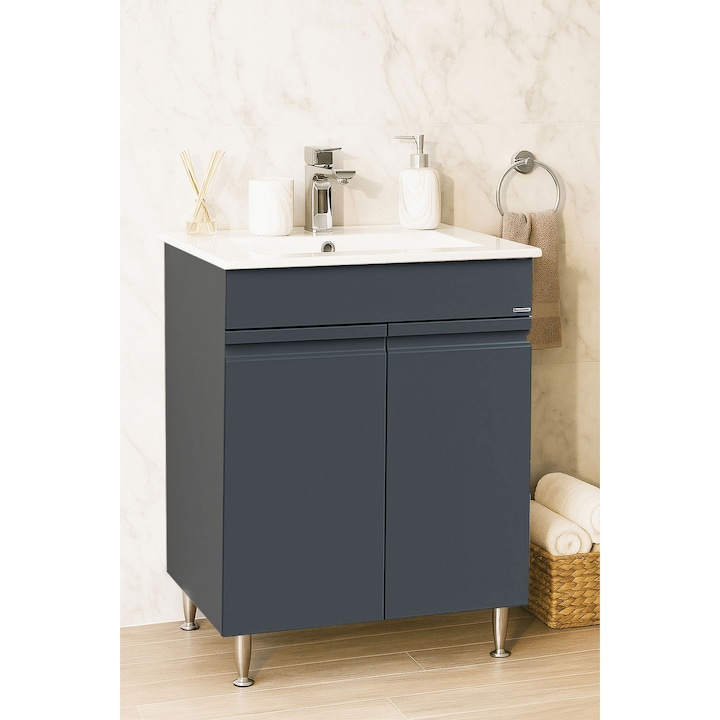 Mobilier de baie Baza si lavoar MDF cu soft-close, Badenmob, seria 086, 60x81x46cm, Antracit