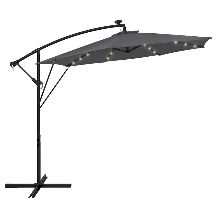 Umbrela de gradina ML-Design cu suport si lumina LED solar, diametru 300cm, din aluminiu antracit, suspendata pentru terasa sau piscina, rotativ 360° si inclinabil cu manivela, protectie solara UV50+, impermeabil, incl. husa