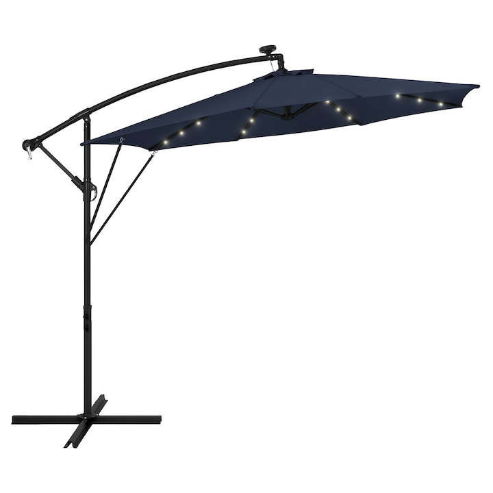 Umbrela de gradina ML-Design cu suport si lumina LED solar, diametru 300cm, din aluminiu albastru marin, suspendata pentru terasa sau piscina, rotativ 360° si inclinabil cu manivela, protectie solara UV50+, impermeabil, incl. husa
