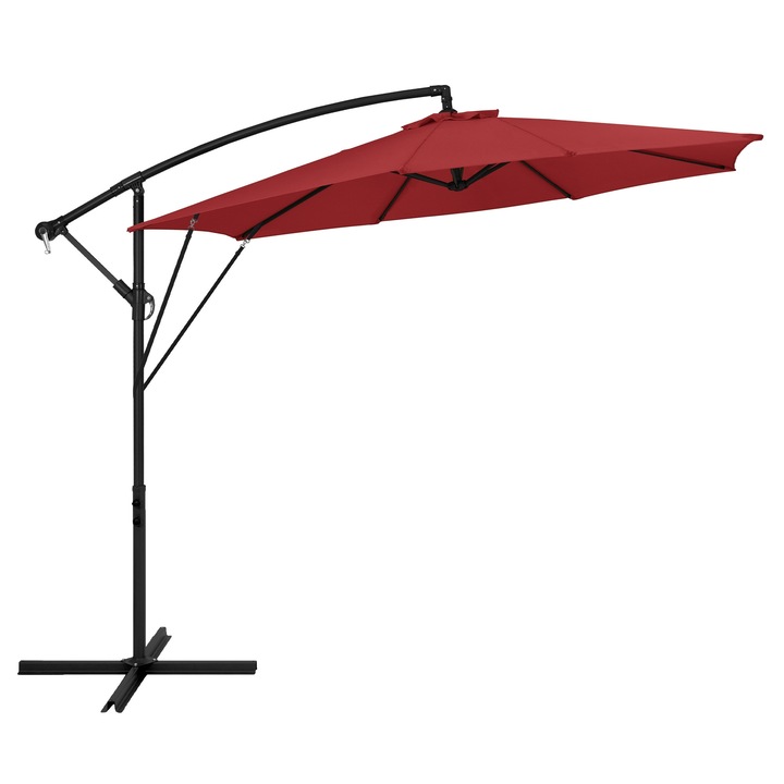 Umbrela de gradina ML-Design cu suport, diametru 300cm, din aluminiu rosu, suspendata pentru terasa sau piscina, rotativ 360° si inclinabil cu manivela, protectie solara UV50+, impermeabil, incl. husa