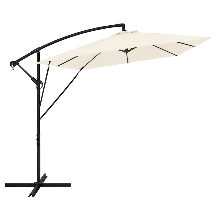 Umbrela de gradina ML-Design cu suport, diametru 330cm, din aluminiu beige, suspendata pentru terasa sau piscina, rotativ 360° si inclinabil cu manivela, protectie solara UV50+, impermeabil, incl. husa