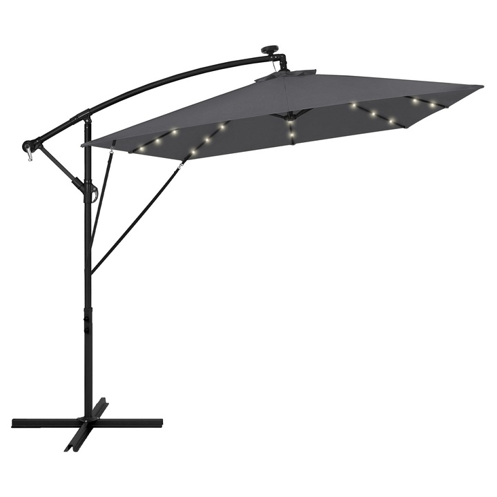 Umbrela de gradina ML-Design cu suport si lumina LED solar, diametru 330cm, din aluminiu antracit, suspendata pentru terasa sau piscina, rotativ 360° si inclinabil cu manivela, protectie solara UV50+, impermeabil, incl. husa