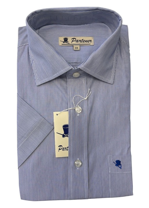 Férfi ing, kék csíkos, rövid ujjú, pamut-poliészter, M-es méret (39)