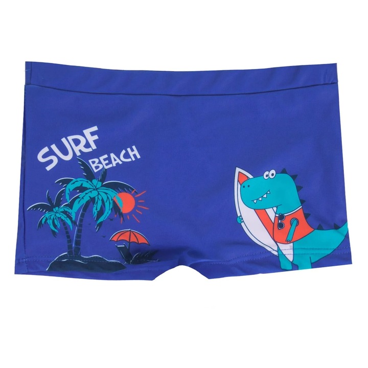 Gyerek boxer úszónadrág, kék, dinoszaurusz mintával, "Surf beach" felirattal