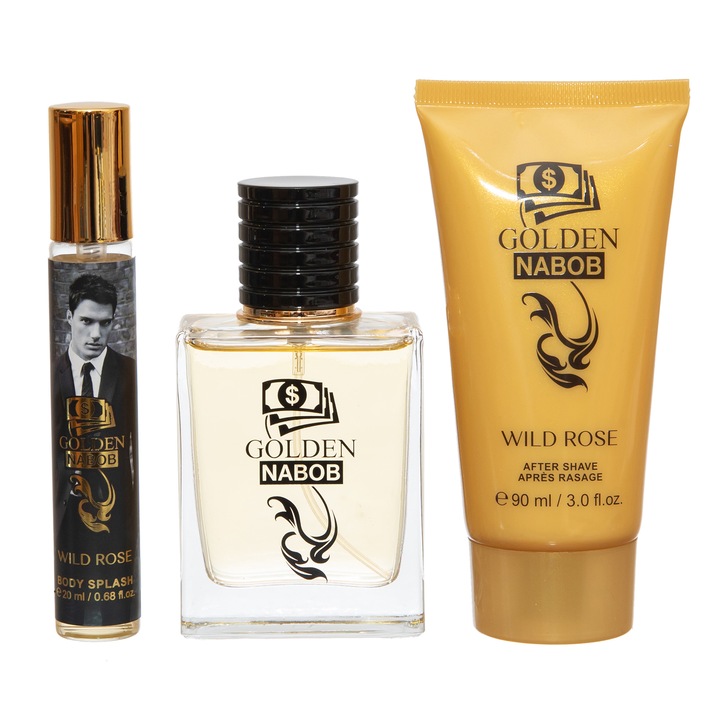 Golden Nabob férfi ajándékszett - Eau de toilette, Body Splash & Borotválkozás utáni balzsam, elegáns és erős illat