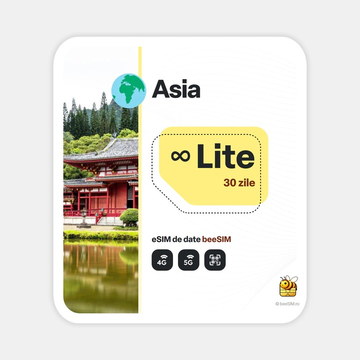 Cartela eSIM Internet, beeSIM, Asia, Nelimitat, 30 zile