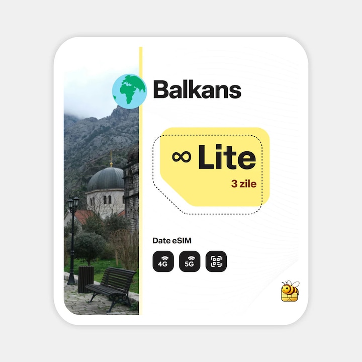 Cartela eSIM Internet, beeSIM, Balcani, Nelimitat, 3 zile
