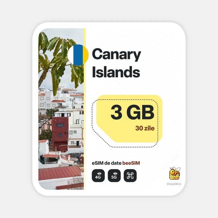 Cartela eSIM Internet, beeSIM, Insulele Canare, 3GB, 30 zile