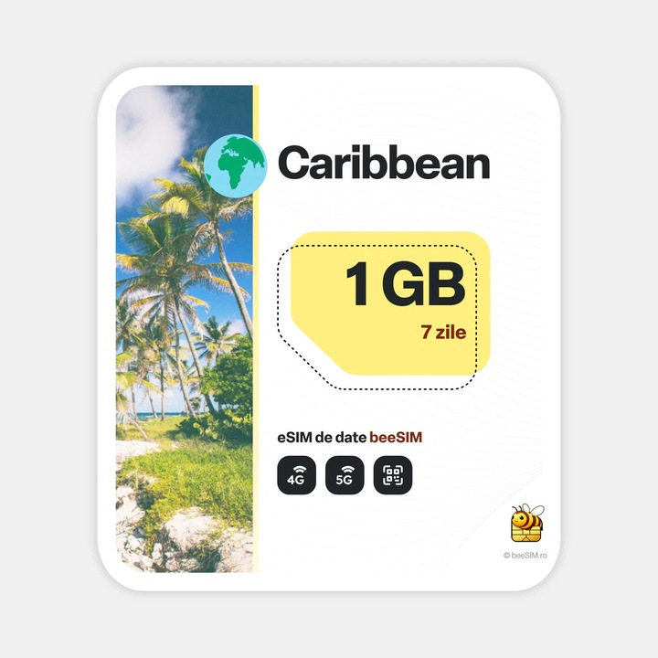 Cartela eSIM Internet, beeSIM, Caraibe, 1GB, 7 zile