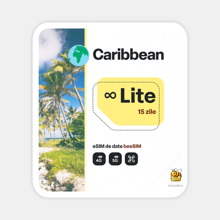 Cartela eSIM Internet, beeSIM, Caraibe, Nelimitat, 15 zile