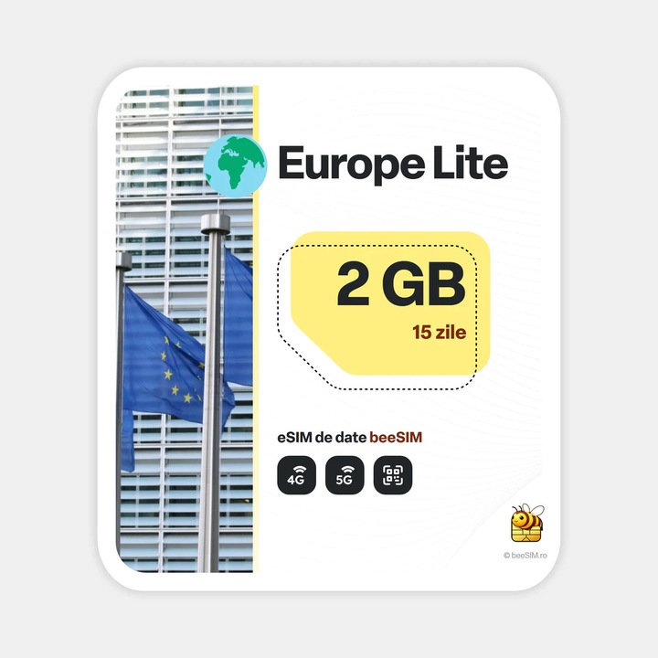 Cartela eSIM Internet, beeSIM, Europa Lite, 2GB, 15 zile