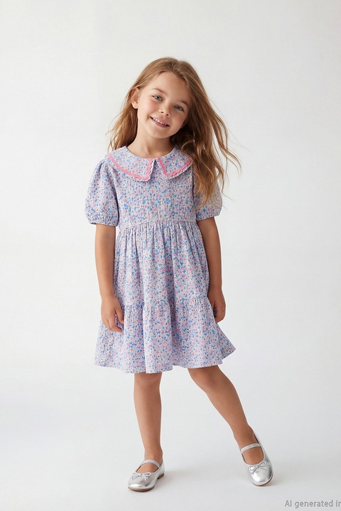 LC WAIKIKI, Rochie cu imprimeu floral, Alb, Roz, Albastru, 116-122 CM