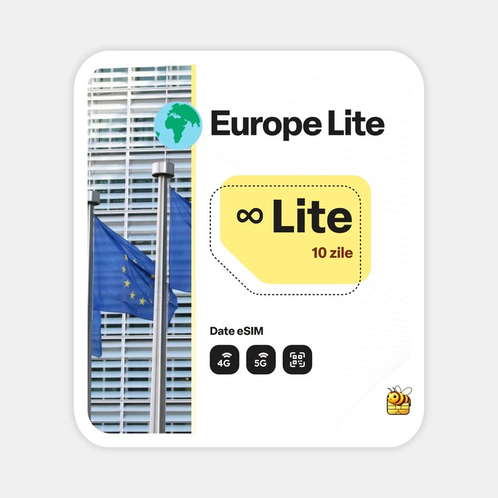 Cartela eSIM Internet, beeSIM, Europa Lite, Nelimitat, 10 zile