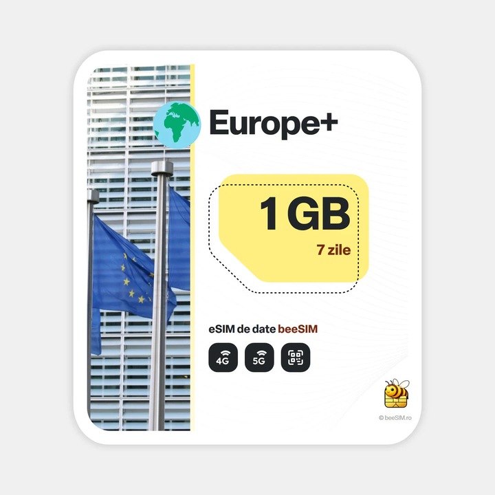 Cartela eSIM Internet, beeSIM, Europa+, 1GB, 7 zile