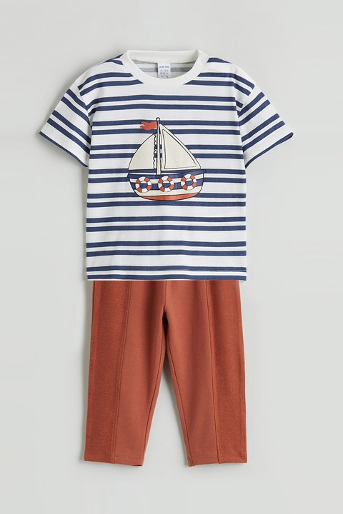 LC WAIKIKI, Set de tricou si pantaloni -2 piese, Alb/Maro cognac/Albastru inchis