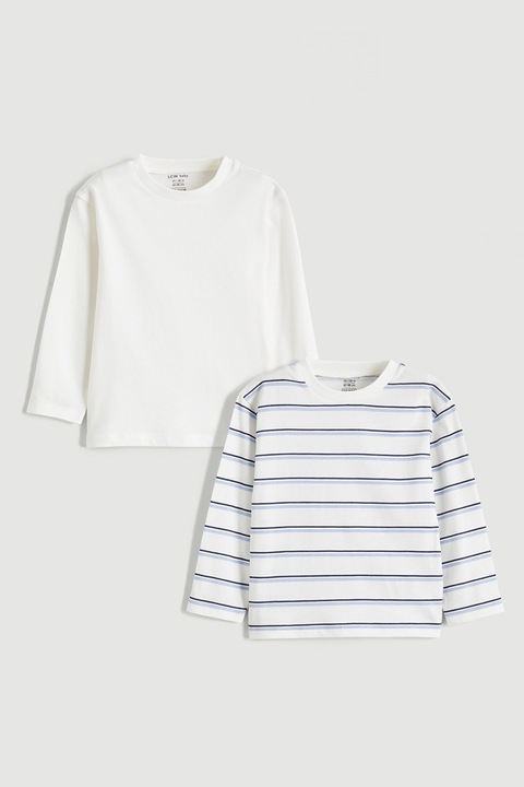 LC WAIKIKI, Set de bluze uni si cu dungi, din bumbac- 2 piese, Alb murdar/Albastru deschis