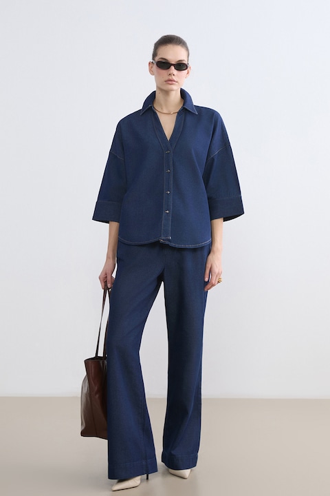 LC WAIKIKI, Camasa din denim cu maneci 3/4, Bleumarin, S