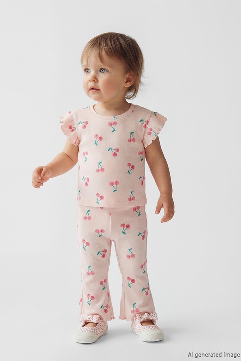 LC WAIKIKI, Set de tricou si colanti evazati cu imprimeu cirese, Roz