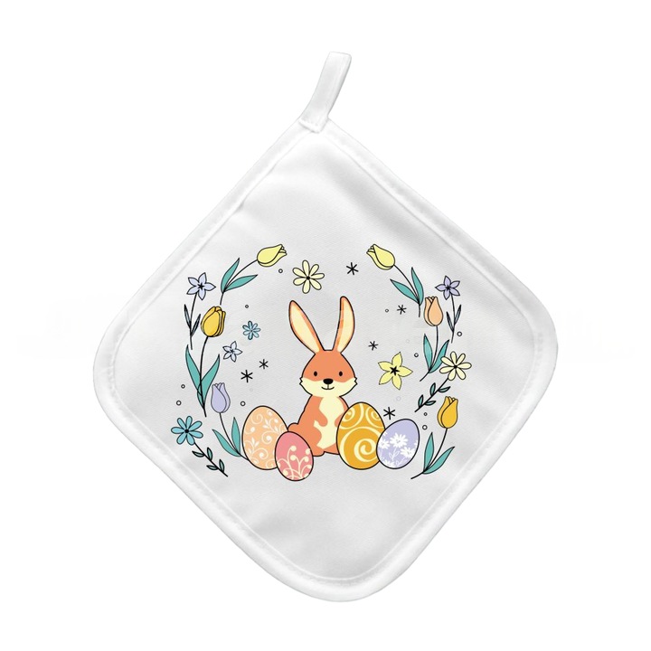 Suport textil oala fierbinte personalizat Pasti, iepuras portocaliu, 17.5x17.5cm
