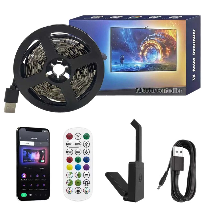Синхронизация на LED подсветката на телевизора с екрана, 3M RGB LED ленти, за 40-55 инчови телевизори и PC монитори, за интериорна декорация, интелигентно управление чрез приложение, синхронизация с музика, черен