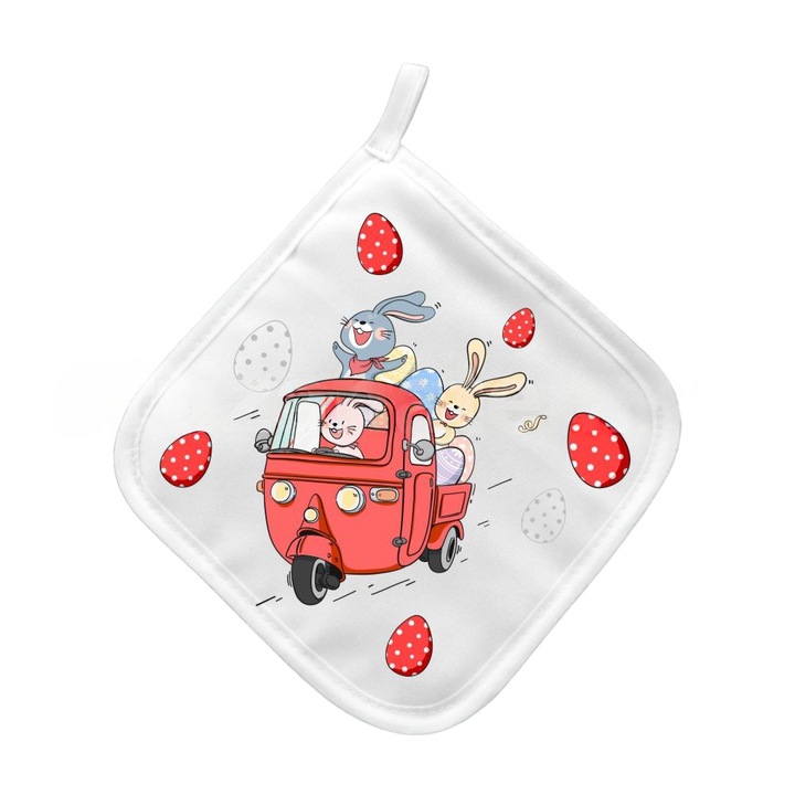 Suport textil oala fierbinte personalizat, Pasti, iepuras si vehicul rosu cu trei roti, 17.5x17.5cm