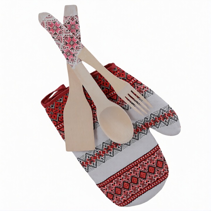 Set tacamuri din lemn cu manusă de bucătărie, motive tradiționale roșu, alb, negru, 3 piese