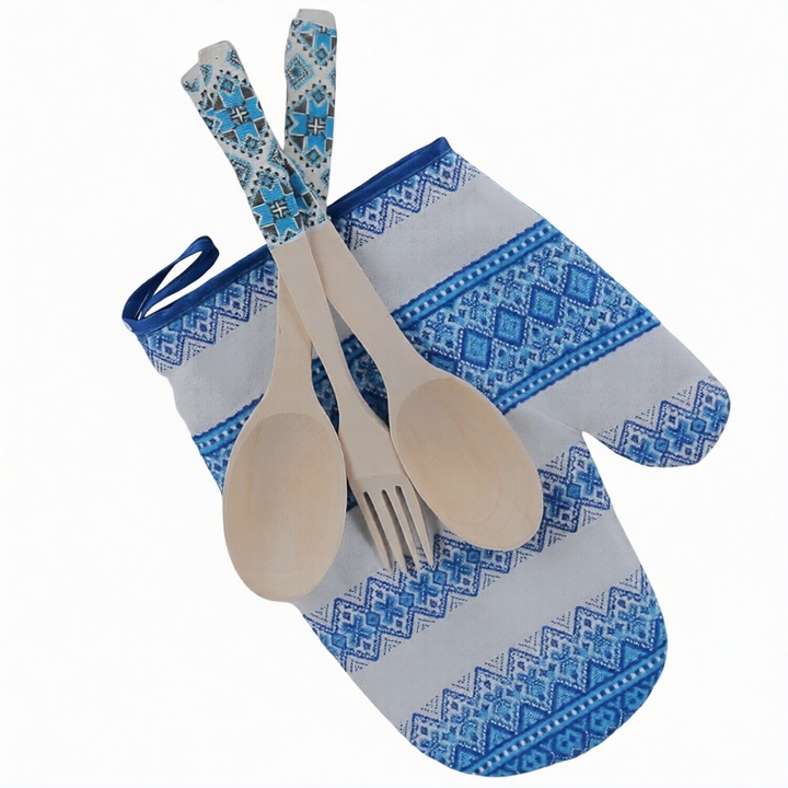 Set tacamuri din lemn cu manusa de bucatarie, motive traditionale, albastru, alb, 3 piese