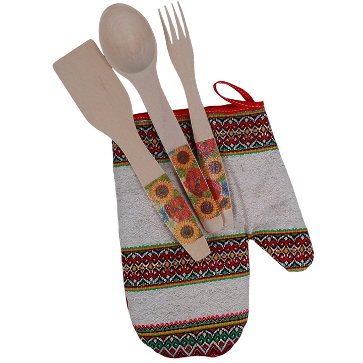 Set tacamuri lemn cu manusa bucatarie, motive traditionale, 3 piese, natural, 26x17cm