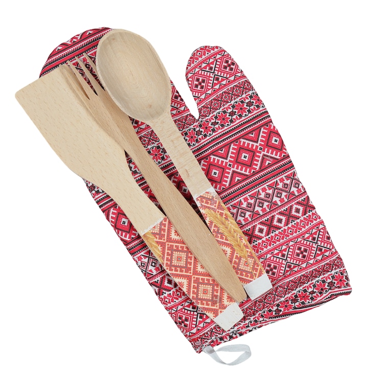 Set tacamuri din lemn cu mănușă de bucătărie, motive tradiționale, 3 piese, roșu/alb/negru, dimensiune mănușă 26x17cm
