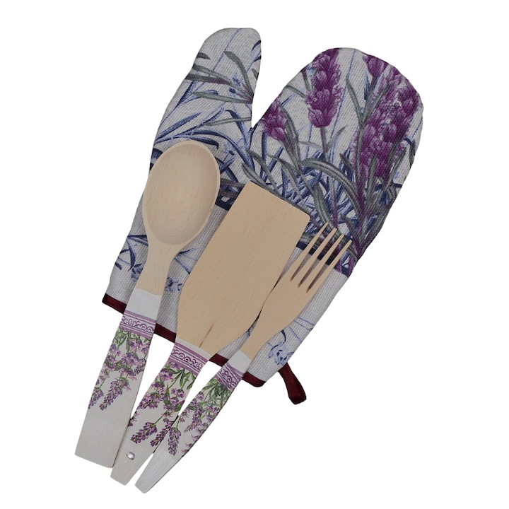 Set tacamuri din lemn cu mănușă bucătărie, motive de lavandă, 3 piese, multicolor