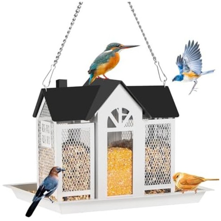 Hranitoare Pasari Suspendata GOYOXOKY, Metalica, Capacitate Mare, 3 Compartimente, Alb