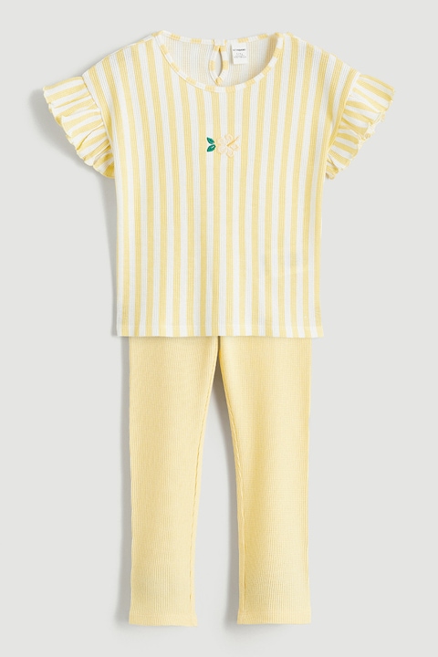 LC WAIKIKI, Set de tricou texturat si pantaloni, Alb/Galben