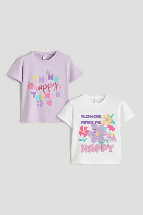 LC WAIKIKI, Set de tricouri din bumbac cu imprimeu grafic si model text - 2 piese, Alb/Violet pastel