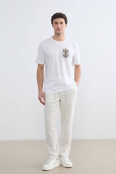 LC WAIKIKI, Tricou regular fit de bumbac cu imprimeu grafic, Alb optic/Maro pamantiu