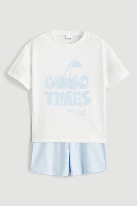 LC WAIKIKI, Pijama din bumbac cu pantaloni scurti si imprimeu text, Alb/Albastru deschis