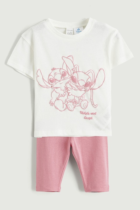LC WAIKIKI, Set de tricou cu imprimeu Stitch si colanti cu model uni - 2 piese, Alb/Roz