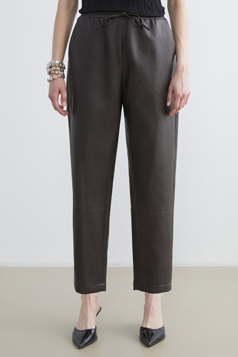 LC WAIKIKI, Pantaloni din piele ecologica cu talie ajustabila, Gri inchis