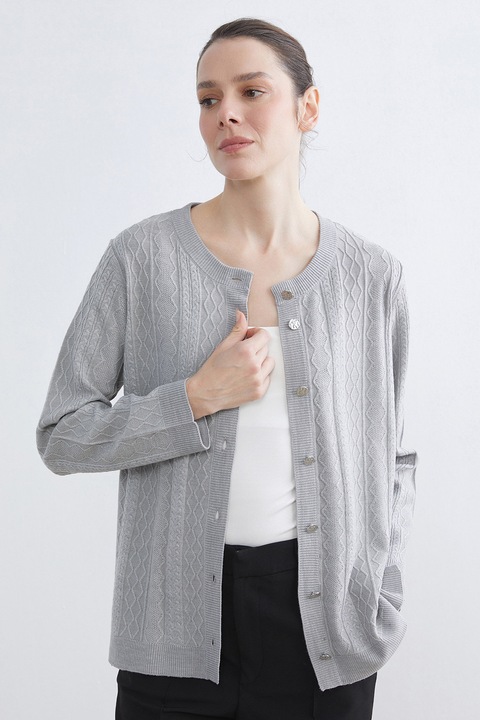LC WAIKIKI, Cardigan cu model torsade si nasturi, Gri deschis