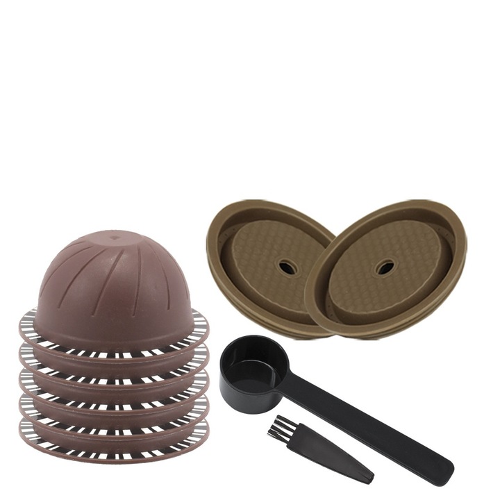Set capsule de cafea, 5 bucati, 150 ml, compatibile cu Nespresso Vertuo, include 2 capace din silicon, reutilizabile, portabile, maro