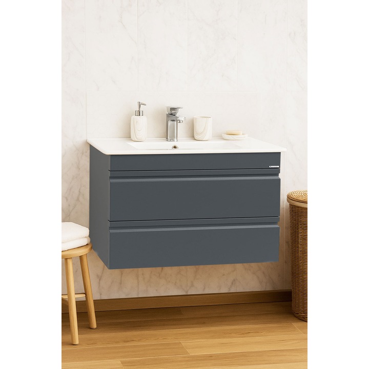 Mobilier de baie Baza si lavoar MDF cu soft-close, Badenmob, seria 086, Suspendat cu Sertare, 80x52x46cm, Antracit