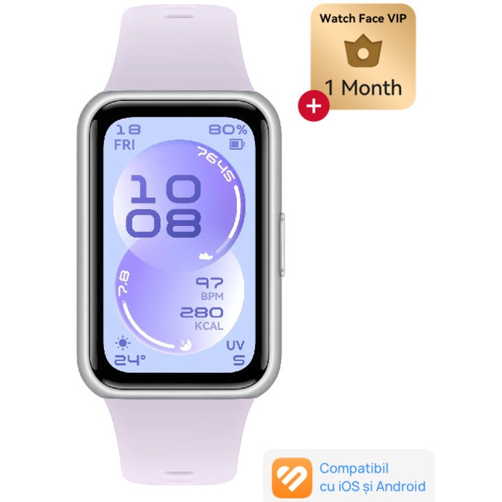 Bratara fitness HUAWEI Band 11, Android /iOS, Silver Durable Polymer Case with Purple Fluoroelastomer Strap + 1 Month Watch Face VIP