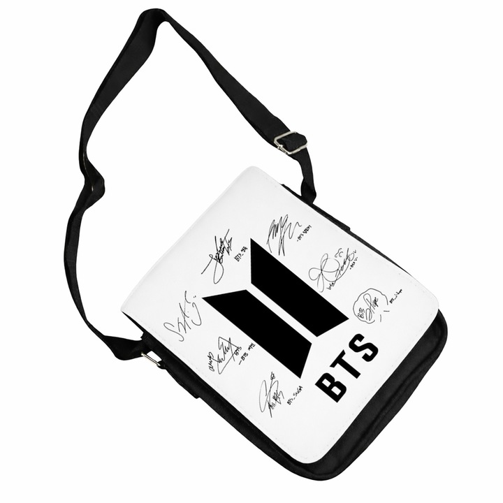 Személyre szabott táska bts army logó kpop aláírások, fekete, 18x20x6 cm
